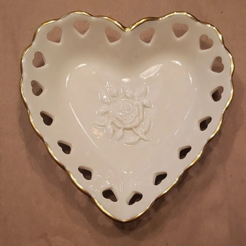 Small Vintage Lenox Heart Shaped Dish with Heart Shaped Cutouts Gold Trim